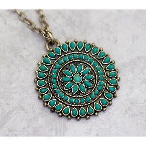16 inch, Vintage Teal Mandala Necklace, Floral Choker Necklace - CP1